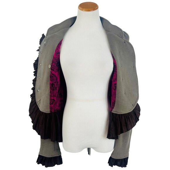 Y2K Free People Olive Green Brown Ruffle Military Jacket Steampunk Boho Academia - Picture 15 of 16